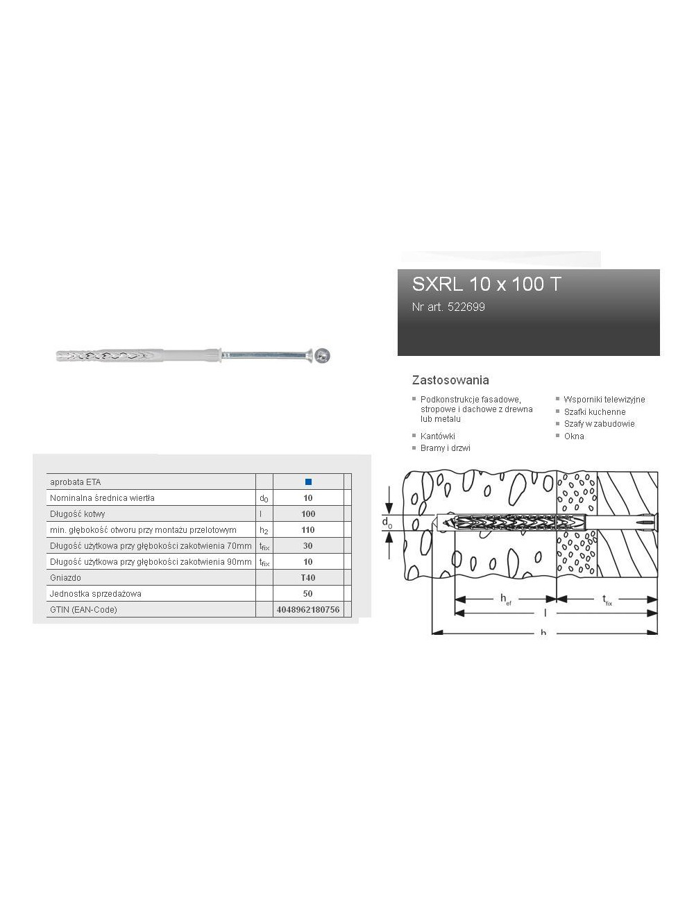 FISCHER KOŁEK ROZPOROWY SXRL 10 x 100 T40 50szt
