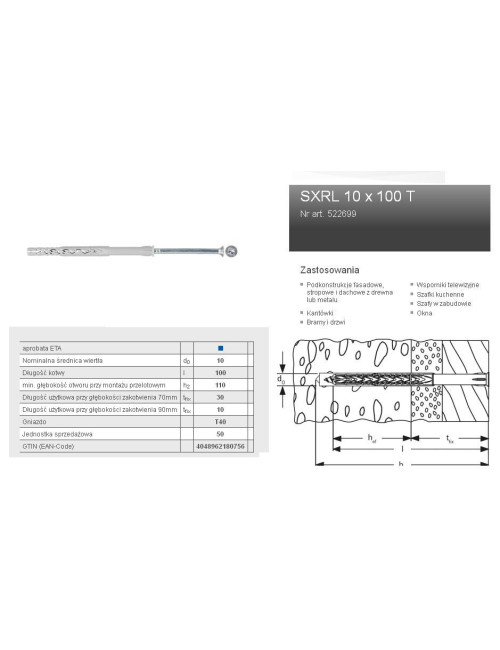FISCHER KOŁEK ROZPOROWY SXRL 10 x 100 T40 50szt