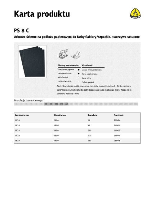 KLINGSPOR ARKUSZE ŚCIERNE NA PODŁOŻU PAPIEROWYM 230mm x 280mm PS8C NA MOKRO gr. 100 /50szt.