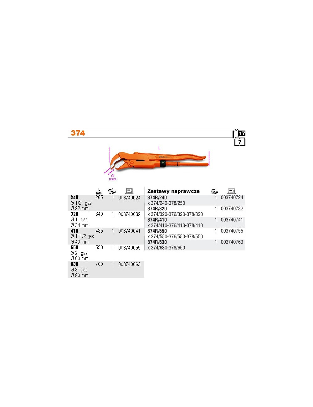 BETA KLUCZ / SZCZYPCE DO RUR  240mm 1/2" gas