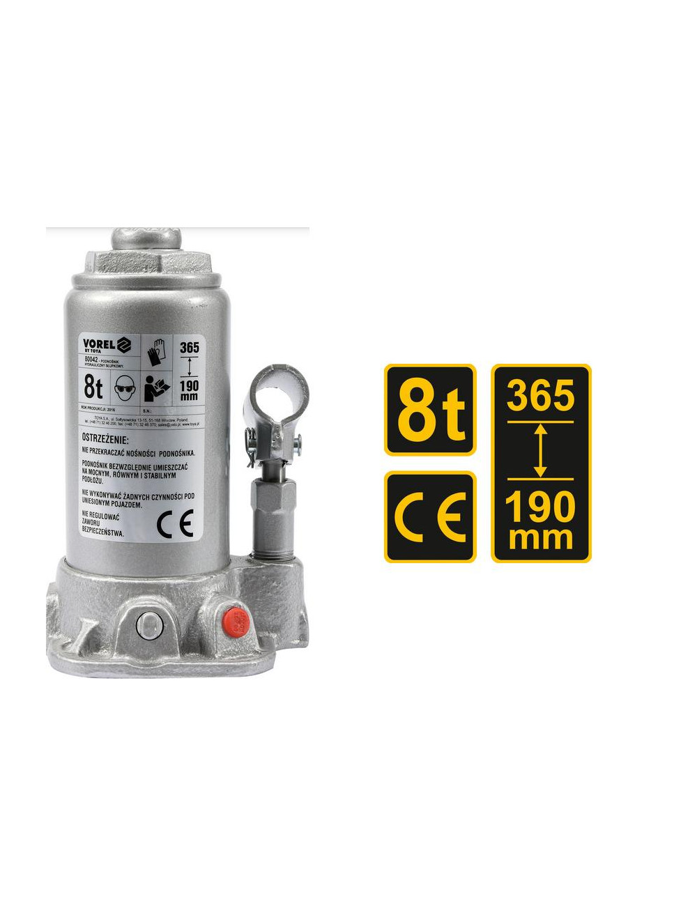 VOREL DŹWIGNIK TŁOKOWY HYDRAULICZNY 8T 190-365mm   80042