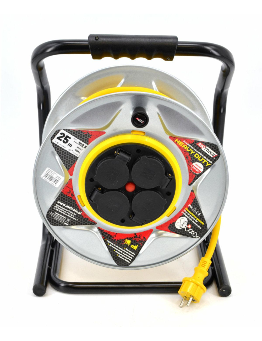AWTOOLS PRZEDŁUŻACZ BĘBEN METALOWY ŻÓŁTY HEAVY DUTY 25m 3x2,5 mm 16A / 3680W / IP44 NEOPREN