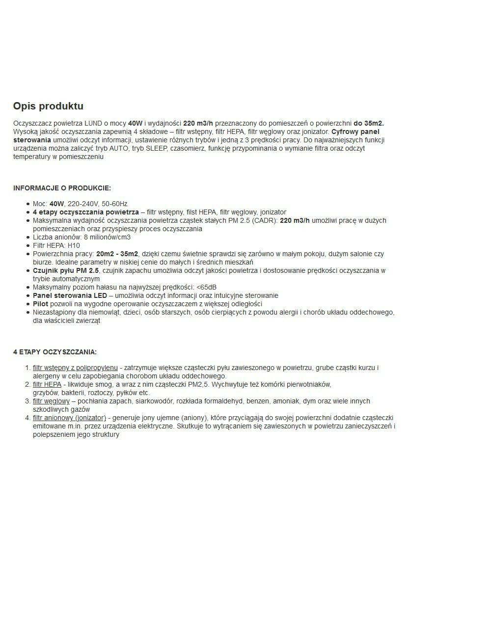 LUND OCZYSZCZACZ POWIETRZA 40W 220M3/H HEPA 4 ETAPY CZYSZCZENIA