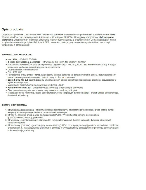 LUND OCZYSZCZACZ POWIETRZA 40W 220M3/H HEPA 4 ETAPY CZYSZCZENIA