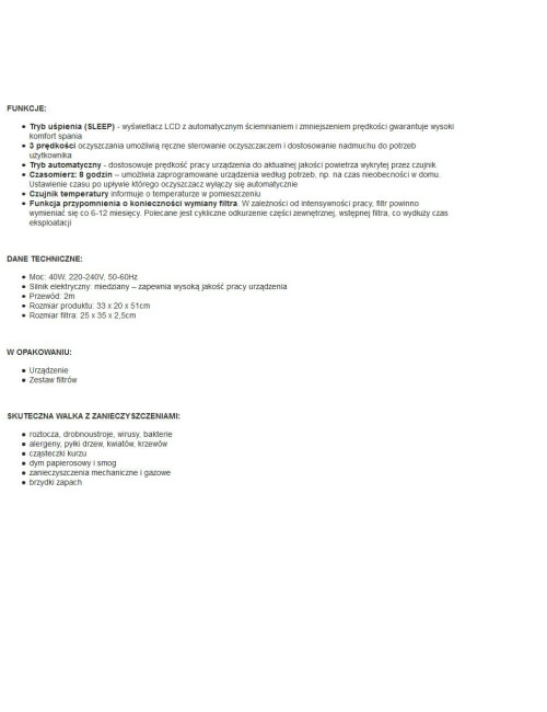 LUND OCZYSZCZACZ POWIETRZA 40W 220M3/H HEPA 4 ETAPY CZYSZCZENIA