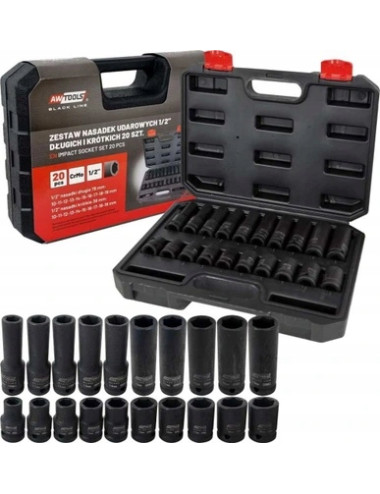 AWTOOLS  ZESTAW NASADEK UDAROWYCH KRÓTKICH I DŁUGICH 1/2" 20cz. BLACK LINE