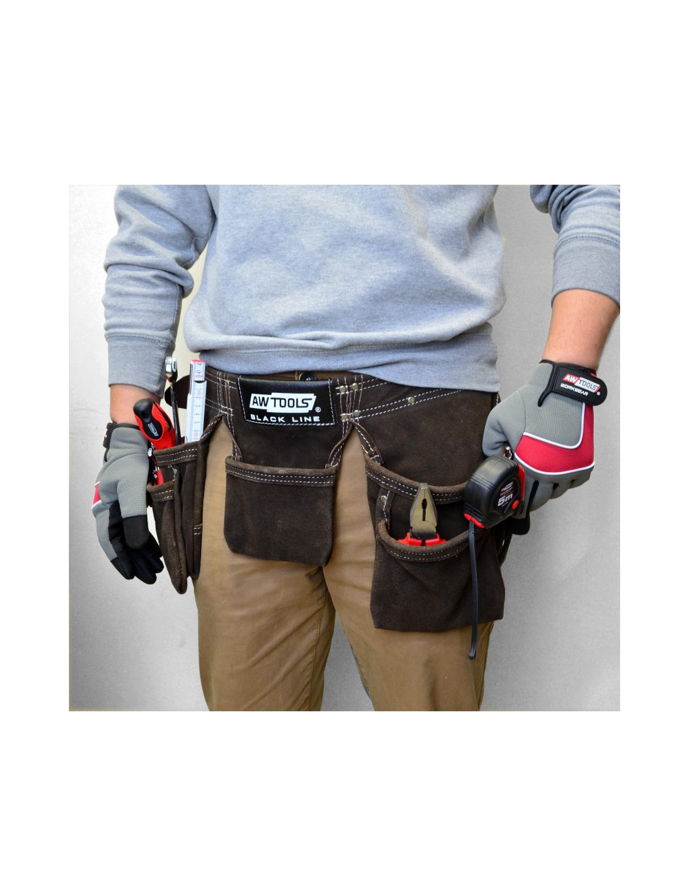 AWTOOLS PAS MONTERSKI PROFESJONALNY 11 KIESZENI PASEK SKÓRZANY BLACK LINE