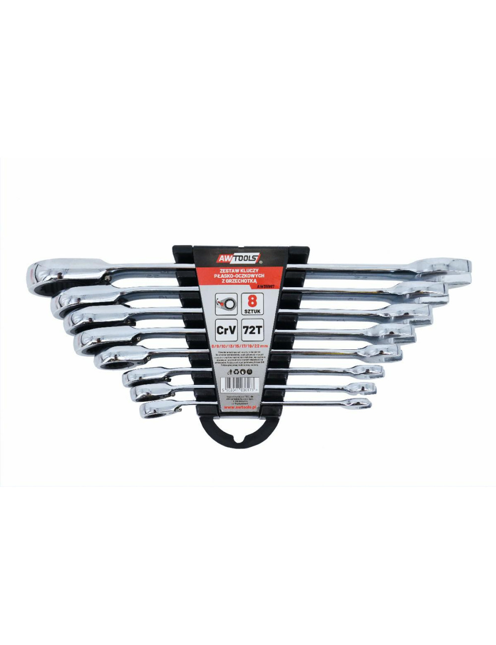 AWTOOLS KLUCZE PŁASKO-OCZKOWE Z GRZECHOTKĄ KOMPLET 8 szt. 8-22mm