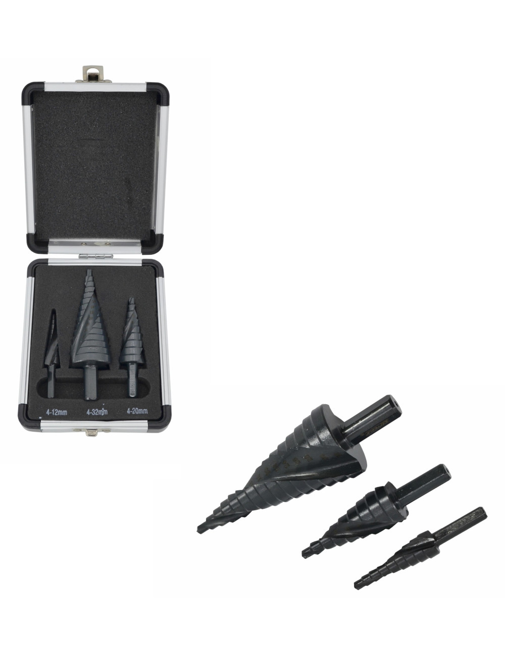 AW WIERTŁO STOPNIOWE SPIRALNE KPL. 3szt./ 4-12 4-20 4-39mm/ AICrN/ CZARNE/ ETUI PLASTIK.