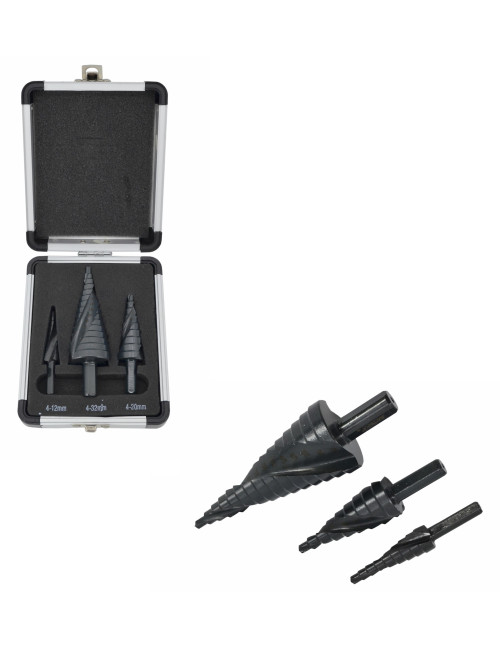 AW WIERTŁO STOPNIOWE SPIRALNE KPL. 3szt./ 4-12 4-20 4-39mm/ AICrN/ CZARNE/ ETUI PLASTIK.