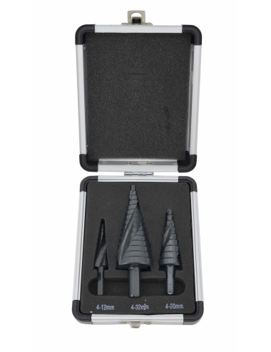 AW WIERTŁO STOPNIOWE SPIRALNE KPL. 3szt./ 4-12 4-20 4-39mm/ AICrN/ CZARNE/ ETUI PLASTIK.