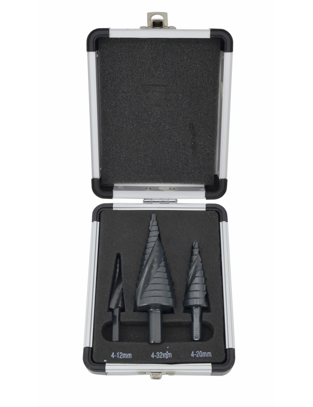 AW WIERTŁO STOPNIOWE SPIRALNE KPL. 3szt./ 4-12 4-20 4-39mm/ AICrN/ CZARNE/ ETUI PLASTIK.