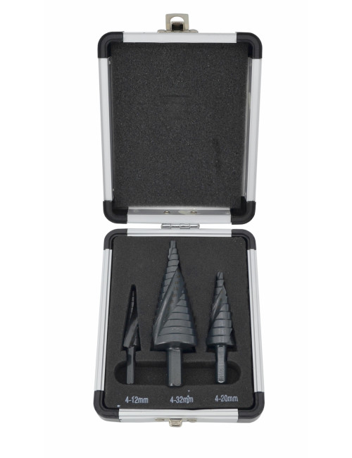 AW WIERTŁO STOPNIOWE SPIRALNE KPL. 3szt./ 4-12 4-20 4-39mm/ AICrN/ CZARNE/ ETUI PLASTIK.