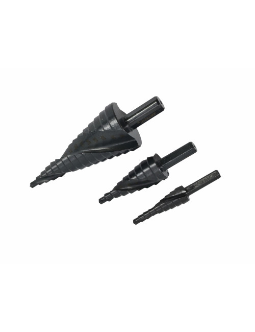 AW WIERTŁO STOPNIOWE SPIRALNE KPL. 3szt./ 4-12 4-20 4-39mm/ AICrN/ CZARNE/ ETUI PLASTIK.