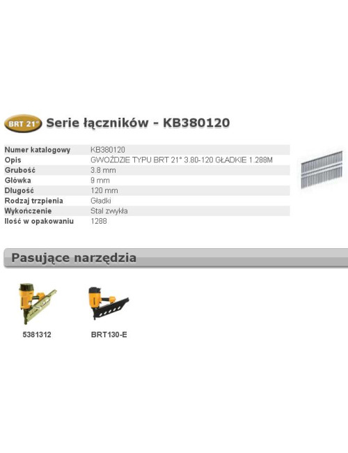 BOSTITCH GWOŹDZIE BRT21 3,80 x 120mm 1288 szt. KB380120