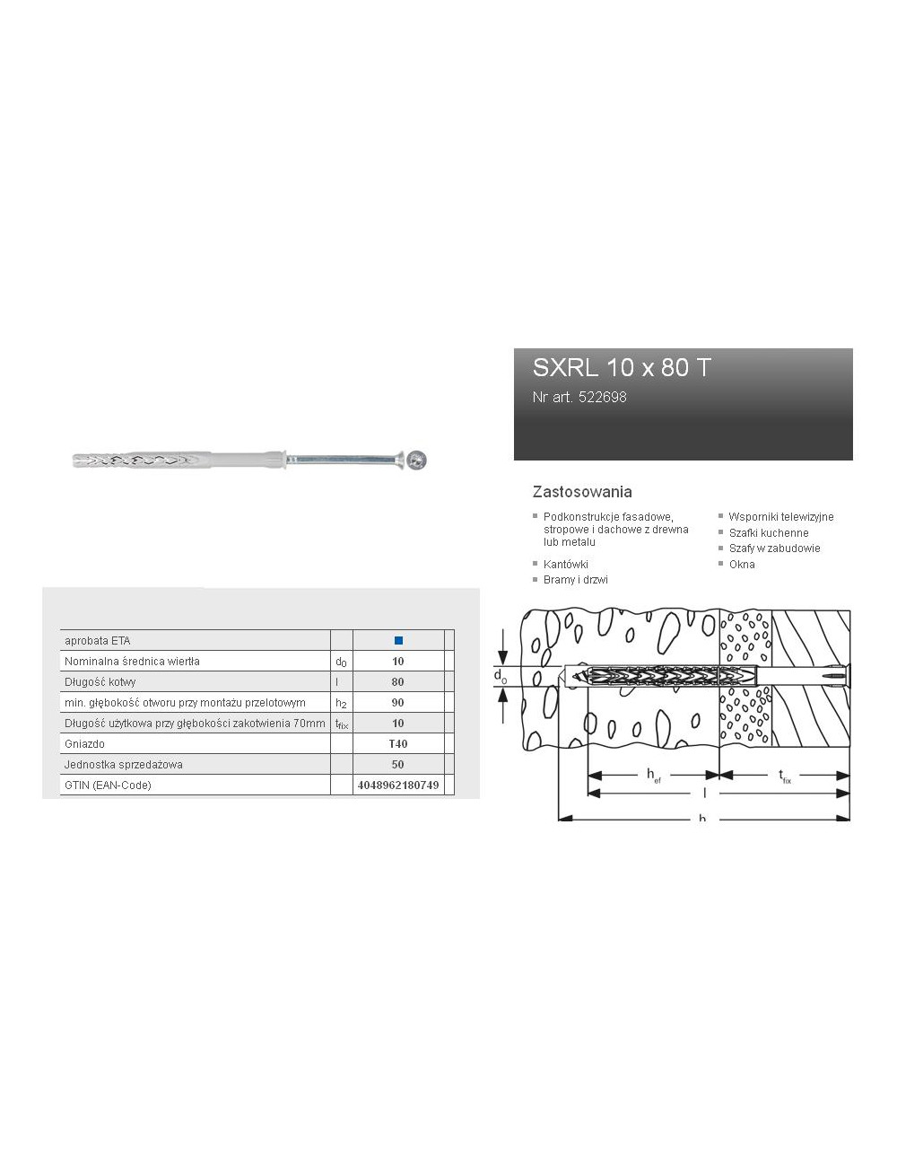 FISCHER KOŁEK ROZPOROWY SXRL 10 x 80 T40 50szt