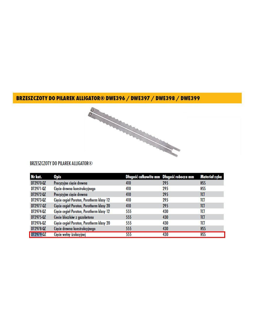 DEWALT BRZESZCZOT DO ALIGATORA, DO WEŁNY HSS 430mm KOMPLET, DO DWE396, DWE397, DWE 398 ,DWE399