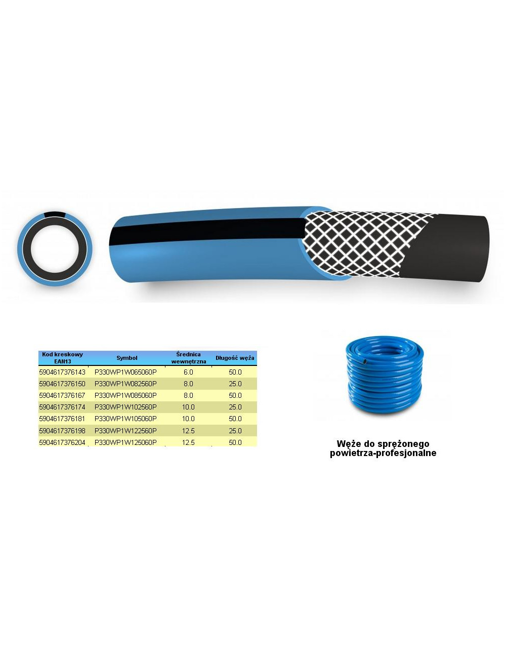WĄŻ DO SPRĘŻONEGO POWIETRZA FI  12,5mm x 50m, NIEBIESKI, PROFESIONALNY