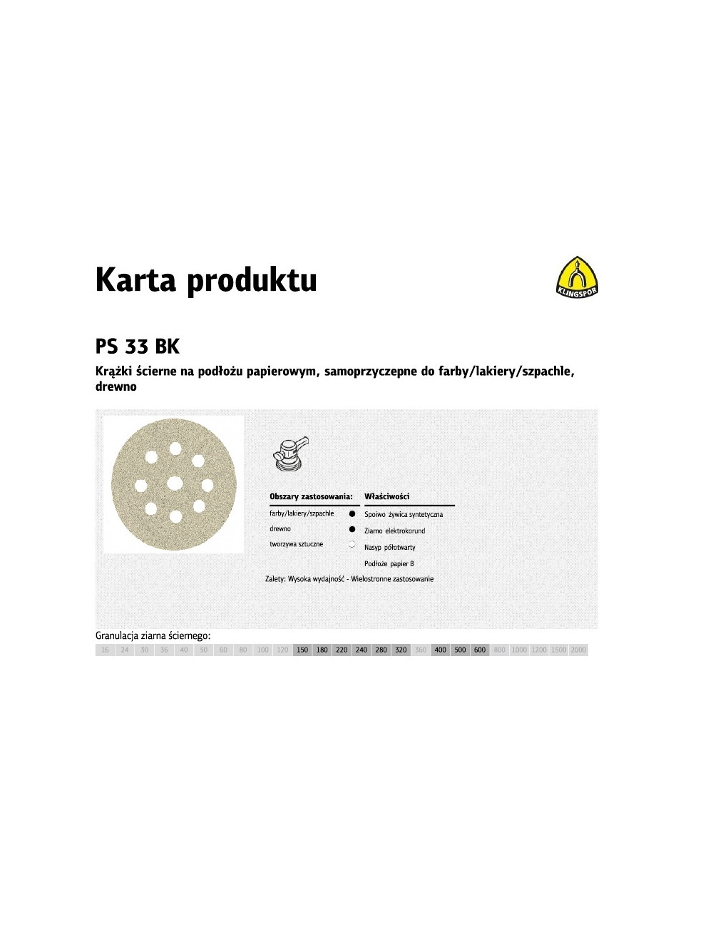 KLINGSPOR KRĄŻEK ŚCIERNY SAMOPRZYCZEPNY 225mm  PS33BK gr.220 GLS38 /50szt.