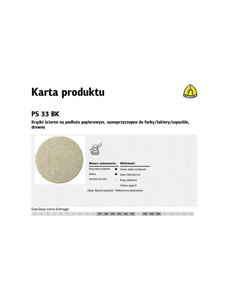 KLINGSPOR KRĄŻEK ŚCIERNY SAMOPRZYCZEPNY 225mm  PS33BK gr.180 /50szt.