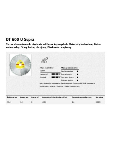 KLINGSPOR TARCZA DIAMENTOWA SEGMENTOWA 230mm x 2,6mm x 22,2mm SUPRA DT600U, BETON ZBROJONY