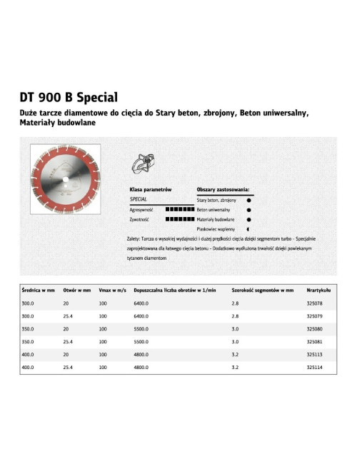 KLINGSPOR TARCZA DIAMENTOWA SEGMENTOWA 350mm x 3,0mm x 20mm   DT900B