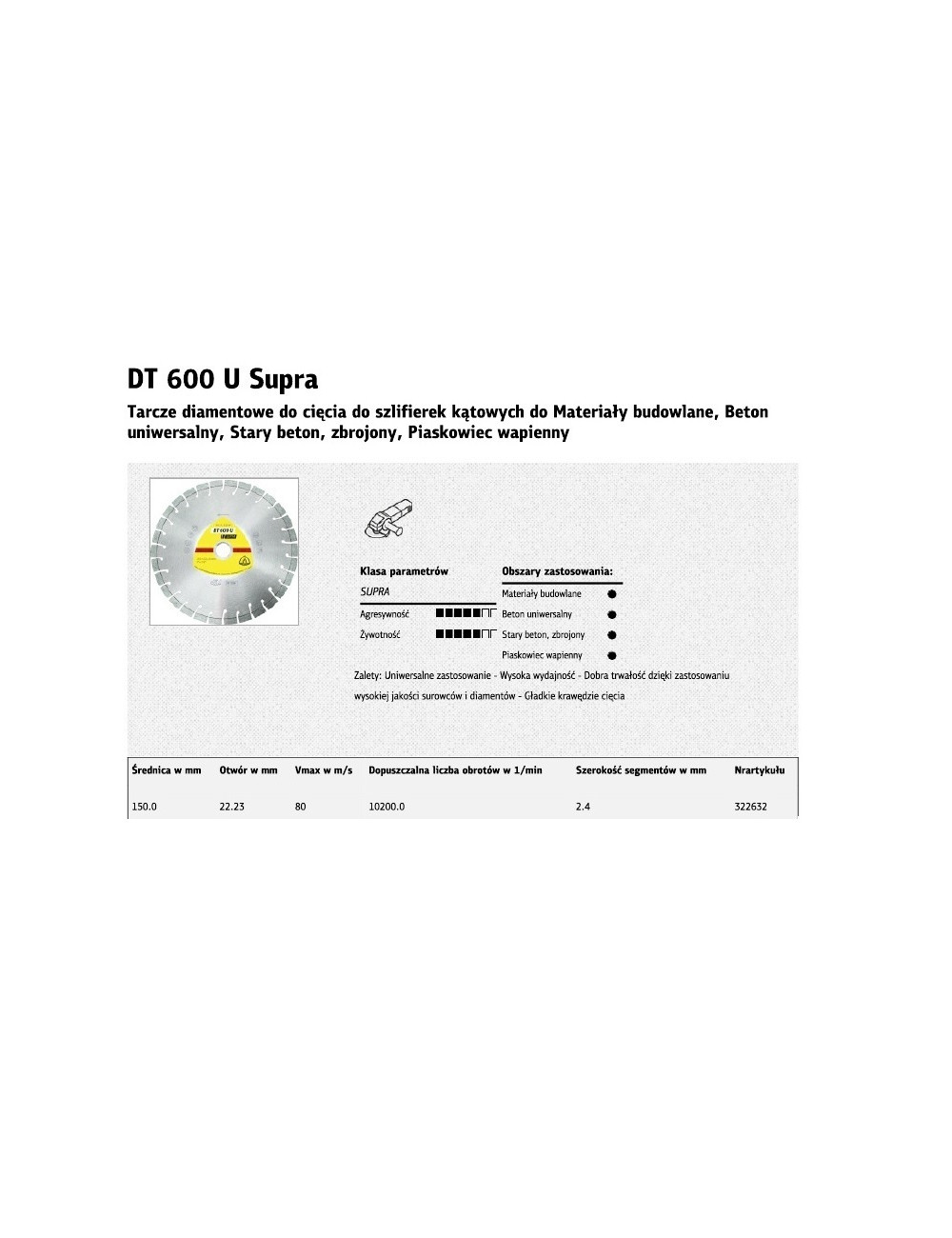 KLINGSPOR TARCZA DIAMENTOWA SEGMENTOWA 150mm x 2,4mm x 22,2mm SUPRA DT600U, BETON ZBROJONY