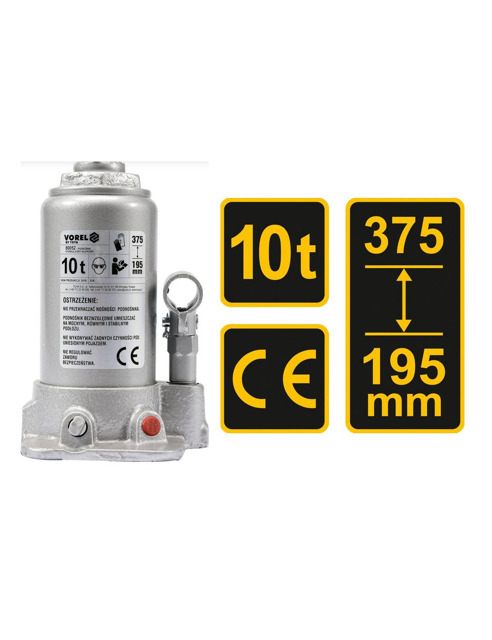 VOREL DŹWIGNIK TŁOKOWY HYDRAULICZNY 10T 195-375mm   80052