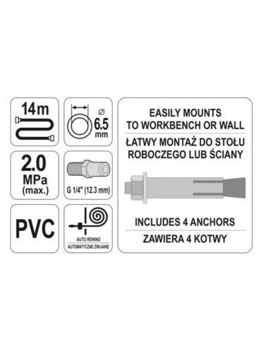 YATO PRZEWÓD / WĄŻ PNEUMATYCZNY NA ZWIJAKU 14m x  6,5mm
