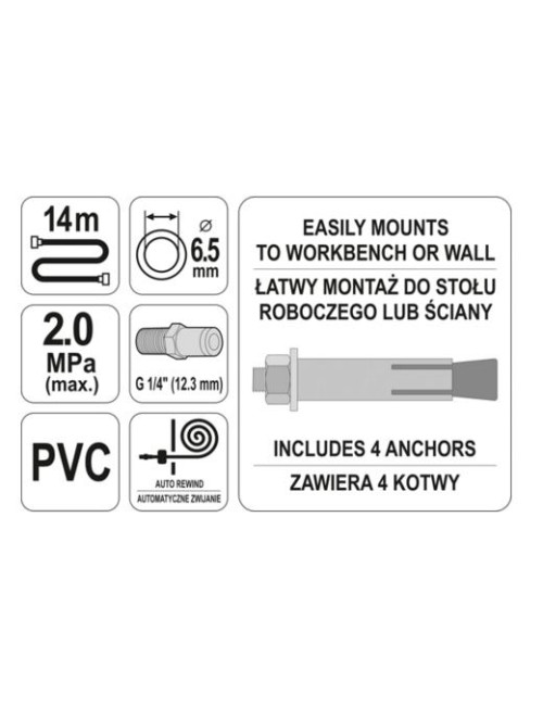 YATO PRZEWÓD / WĄŻ PNEUMATYCZNY NA ZWIJAKU 14m x  6,5mm