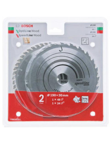 BOSCH PIŁA TARCZOWA DWUPAK OPTILINE WOOD 190x2,6/1,6x30x48z + SPEEDLINE WOOD 190x2,4/1,8x30x24z