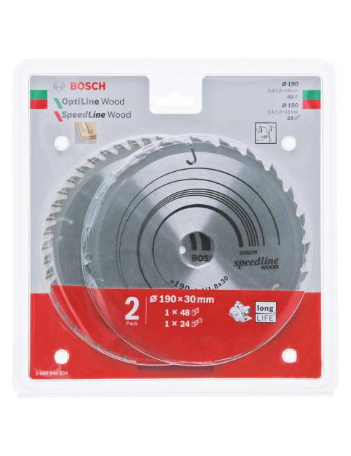 BOSCH PIŁA TARCZOWA DWUPAK OPTILINE WOOD 190x2,6/1,6x30x48z + SPEEDLINE WOOD 190x2,4/1,8x30x24z