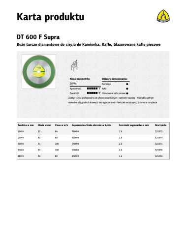 KLINGSPOR TARCZA DIAMENTOWA PEŁNA 250mm x 1,9mm x 30/25,4mm DT600F DO CERAMIKI