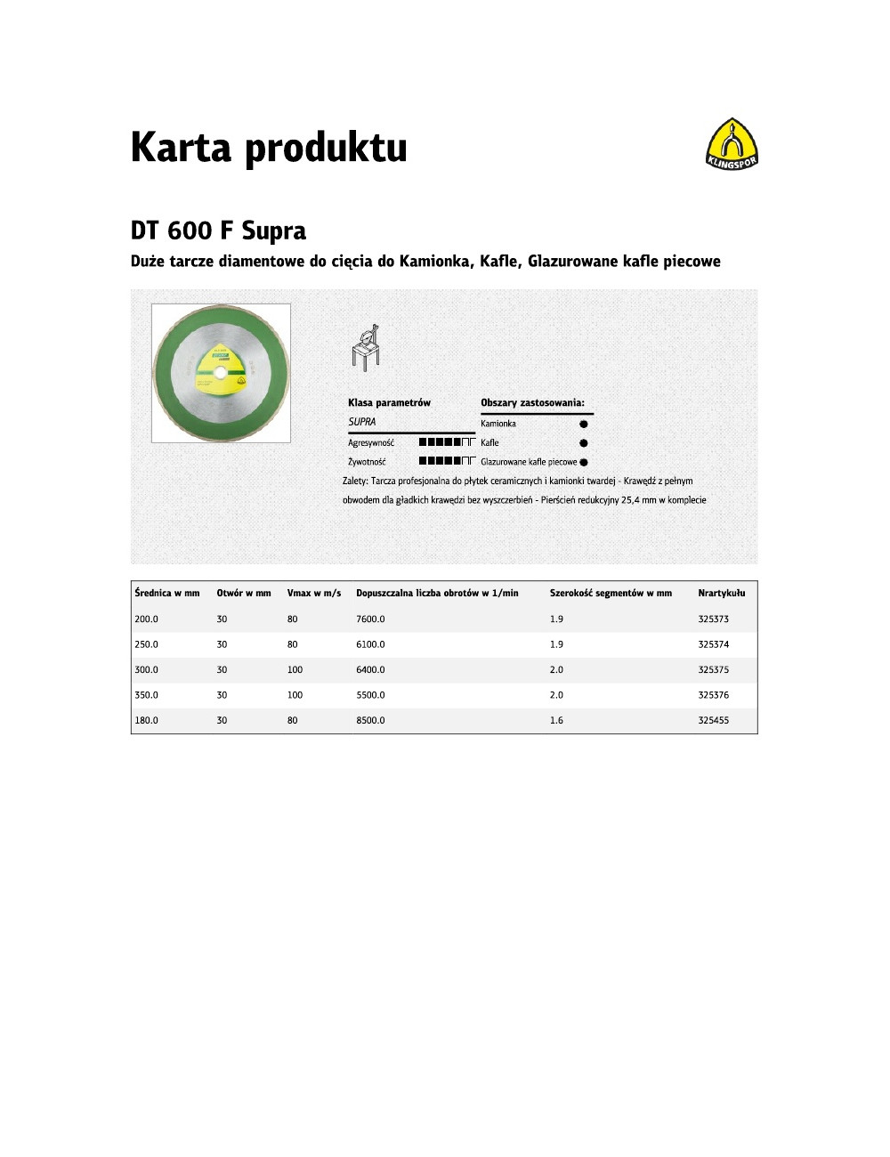 KLINGSPOR TARCZA DIAMENTOWA PEŁNA 250mm x 1,9mm x 30/25,4mm DT600F DO CERAMIKI