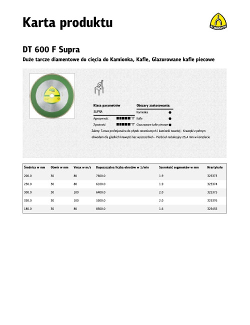 KLINGSPOR TARCZA DIAMENTOWA PEŁNA 250mm x 1,9mm x 30/25,4mm DT600F DO CERAMIKI