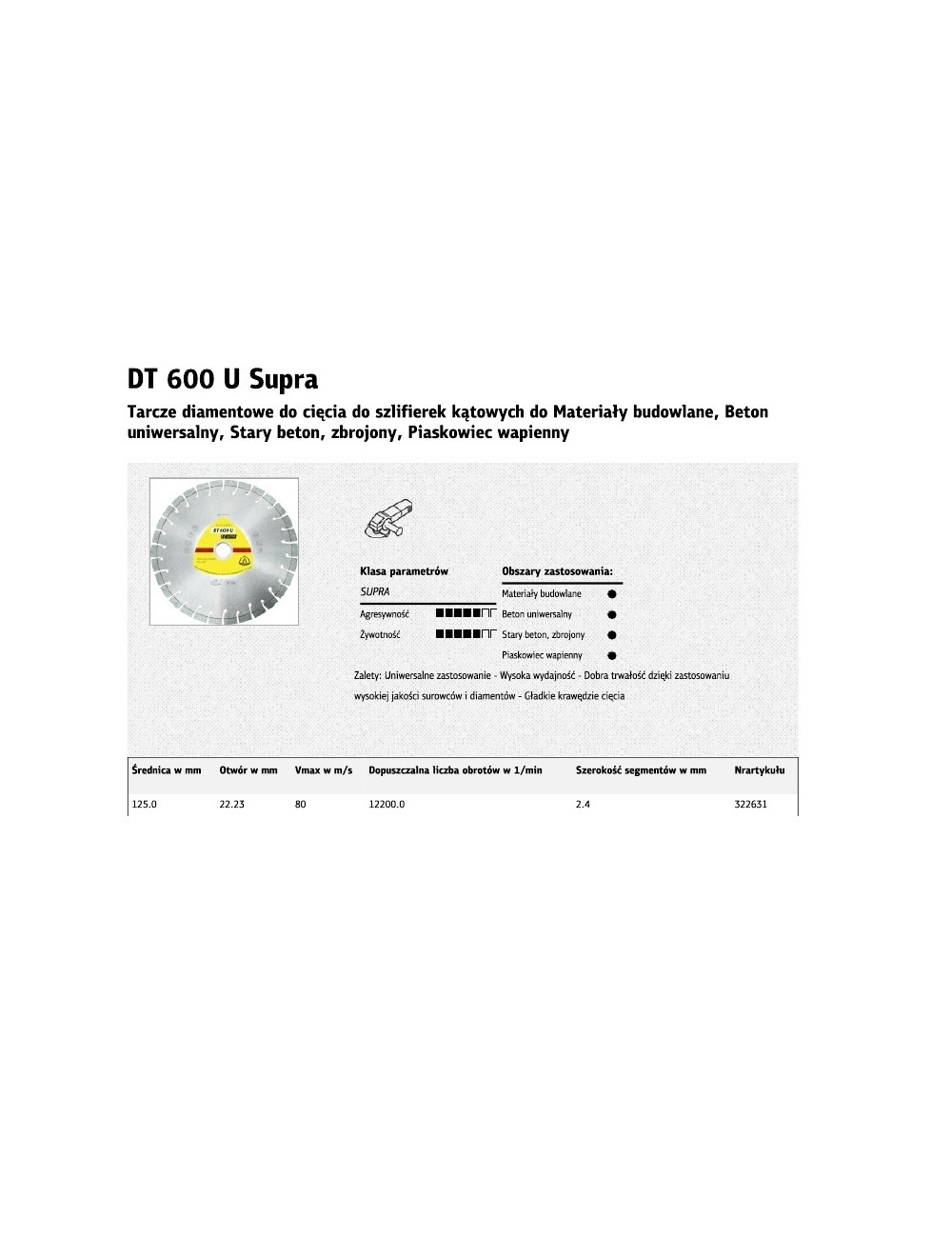 KLINGSPOR TARCZA DIAMENTOWA SEGMENTOWA 125mm x 2,4mm x 22,2mm SUPRA DT600U, BETON ZBROJONY