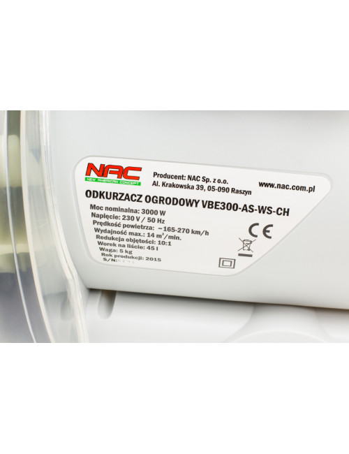 NAC ODKURZACZ / DMUCHAWA DO LIŚCI  3000W VBE300A-AS-WS-CH ALUMINIOWY WIRNIK