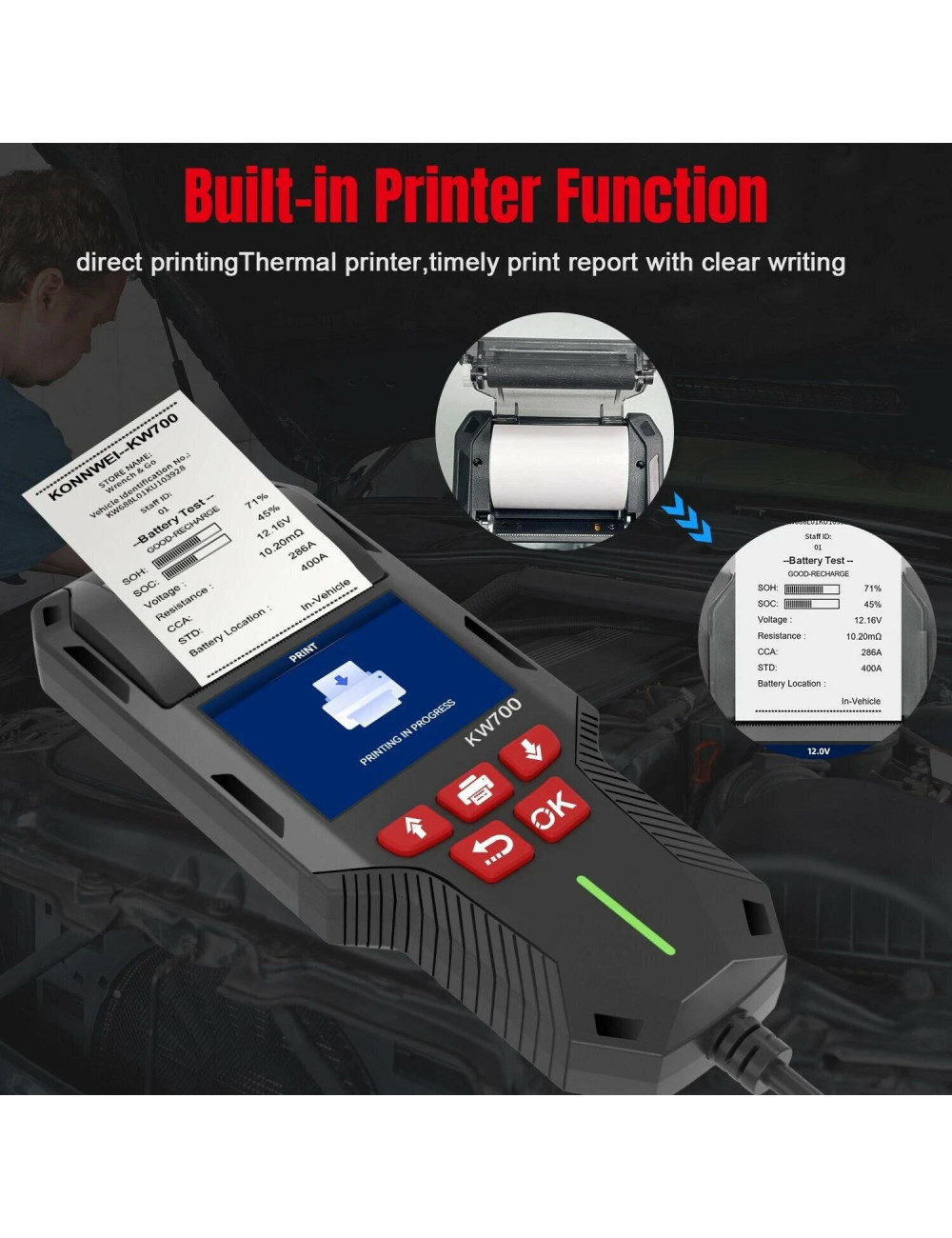 EM TESTER BATERII 6V/12V/24V KONNWEI Z DRUKARKĄ