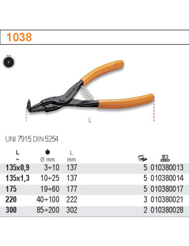 BETA SZCZYPCE DO PIERŚCIENI ZABEZPIECZAJĄCYCH ZEWNĘTRZNYCH, ODGIĘTE O 90° 220mm 1038 220