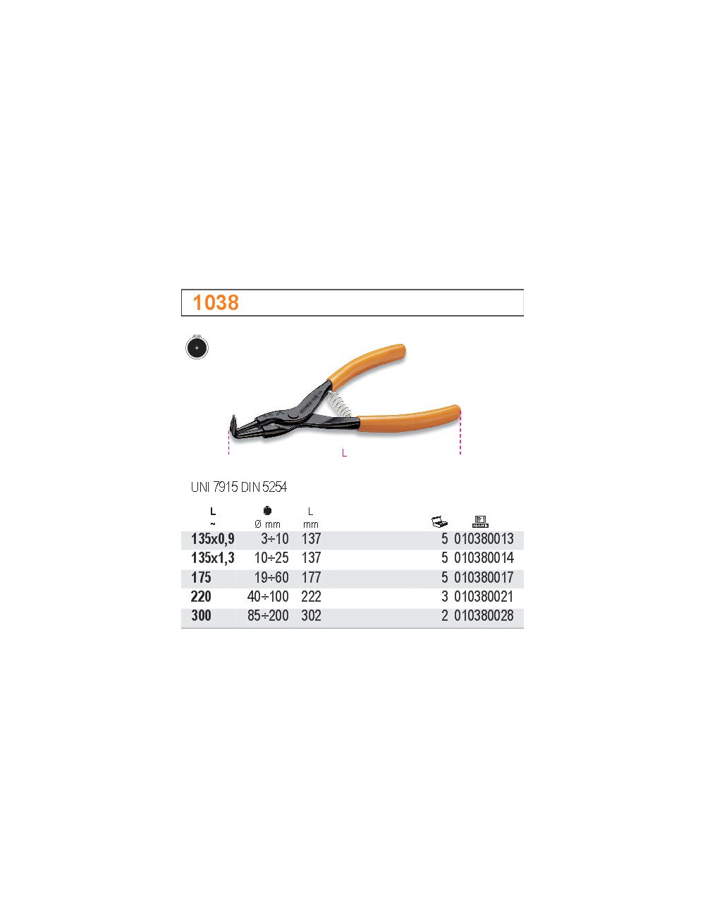 BETA SZCZYPCE DO PIERŚCIENI ZABEZPIECZAJĄCYCH ZEWNĘTRZNYCH, ODGIĘTE O 90° 220mm 1038 220