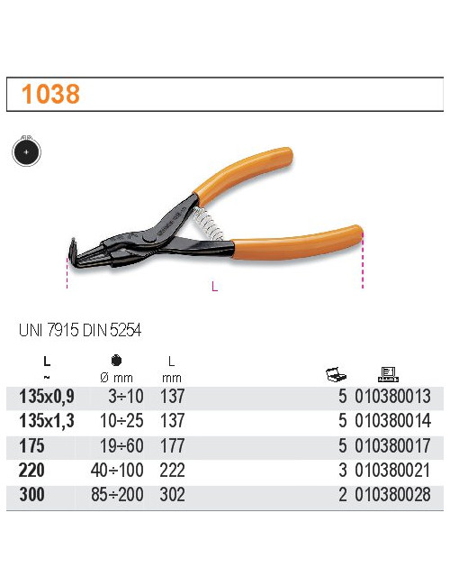 BETA SZCZYPCE DO PIERŚCIENI ZABEZPIECZAJĄCYCH ZEWNĘTRZNYCH, ODGIĘTE O 90° 220mm 1038 220