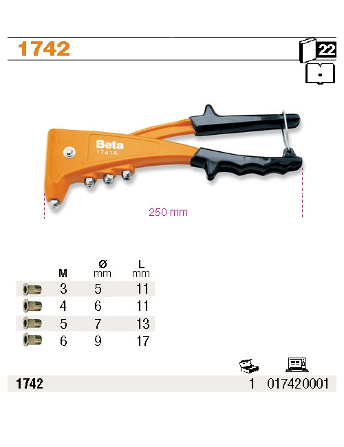 BETA NITOWNICA RĘCZNA DO OSADZANIA NITONAKRĘTEK 4 WYMIENNE KOŃCÓWKI 1742
