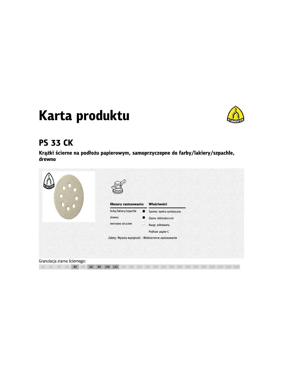 KLINGSPOR KRĄŻEK ŚCIERNY SAMOPRZYCZEPNY 125mm PS33CK gr. 60 GLS5 8-OTWORÓW 100szt.