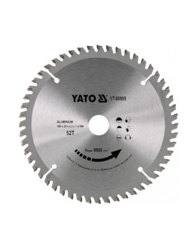 YATO PIŁA TARCZOWA DO ALUMINIUM 160 x 20mm 52-ZĘBY YT-60905