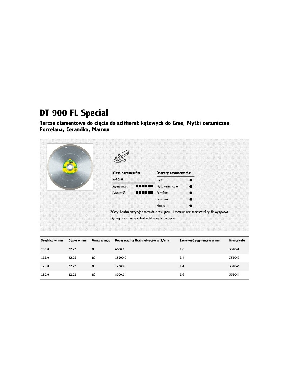 KLINGSPOR TARCZA DIAMENTOWA PEŁNA 230mm x 1,8mm x 30mm DT900FL SUPRA, GRES, SPECIAL,SUCHO, MOKRO