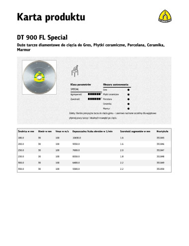KLINGSPOR TARCZA DIAMENTOWA PEŁNA 250mm x 2,0mm x 30mm DT900FL SUPRA, GRES, SPECIAL,SUCHO, MOKRO