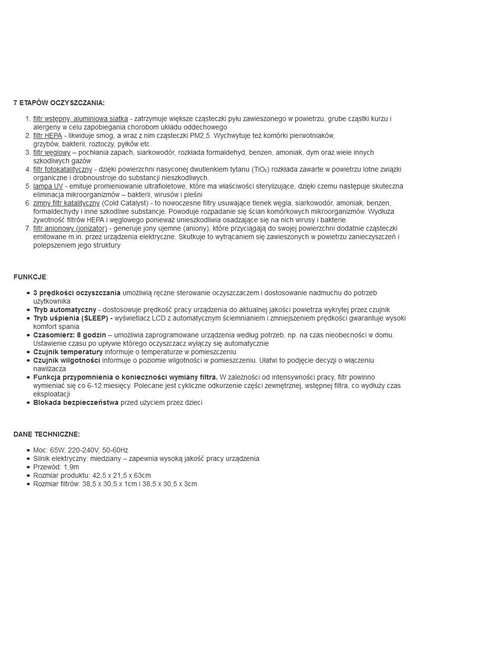 LUND OCZYSZCZACZ POWIETRZA 65W 420M3 H HEPA, 7 ETAPÓW OCZYSZCZANIA
