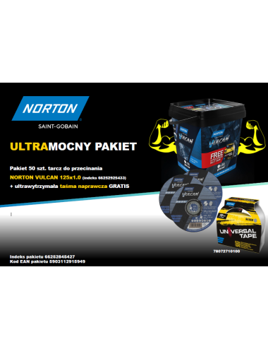 NORTON ZESTAW TARCZ VULCAN 125mm x 1mm METAL INOX 50szt. WIADERKO+TAŚMA NAPRAWCZA