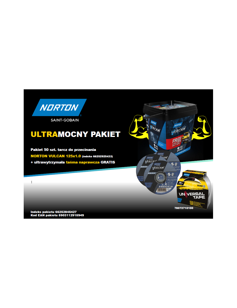 NORTON ZESTAW TARCZ VULCAN 125mm x 1mm METAL INOX 50szt. WIADERKO+TAŚMA NAPRAWCZA