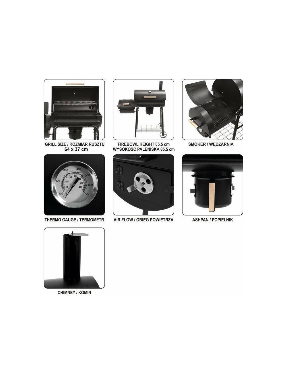 LUND GRILL WĘGLOWY Z WĘDZARNIĄ XXL 64x37 cm